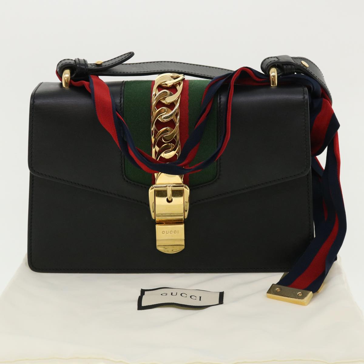 GUCCI Web Sherry Line Silvi Shoulder Bag Leather Black Green 421882 lt690