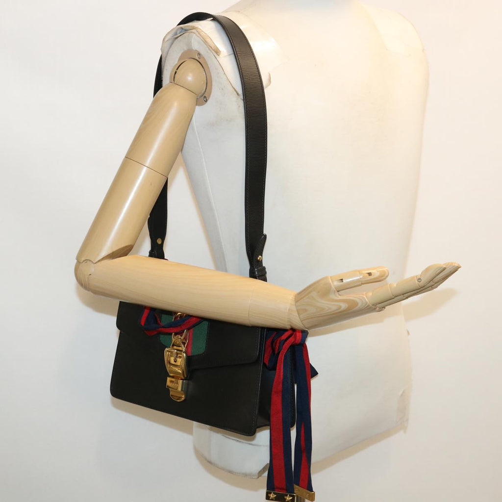 GUCCI Web Sherry Line Silvi Shoulder Bag Leather Black Green 421882 lt690