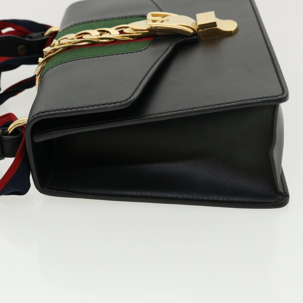 GUCCI Web Sherry Line Silvi Shoulder Bag Leather Black Green 421882 lt690