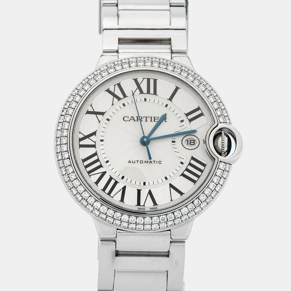 CARTIER Silver 18K White Gold Diamond Ballon Bleu WE9009Z3 Men's Wristwatch 42 mm