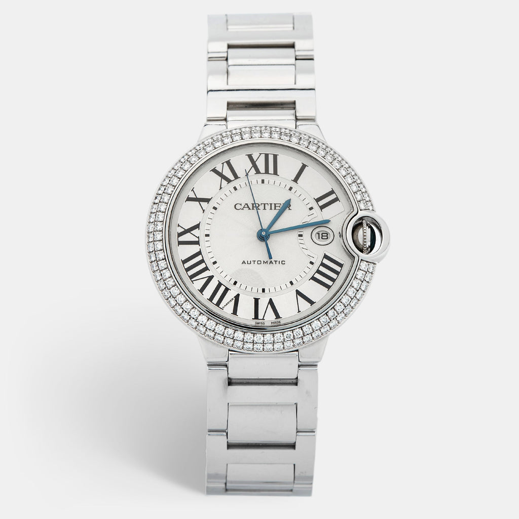 CARTIER Silver 18K White Gold Diamond Ballon Bleu WE9009Z3 Men's Wristwatch 42 mm