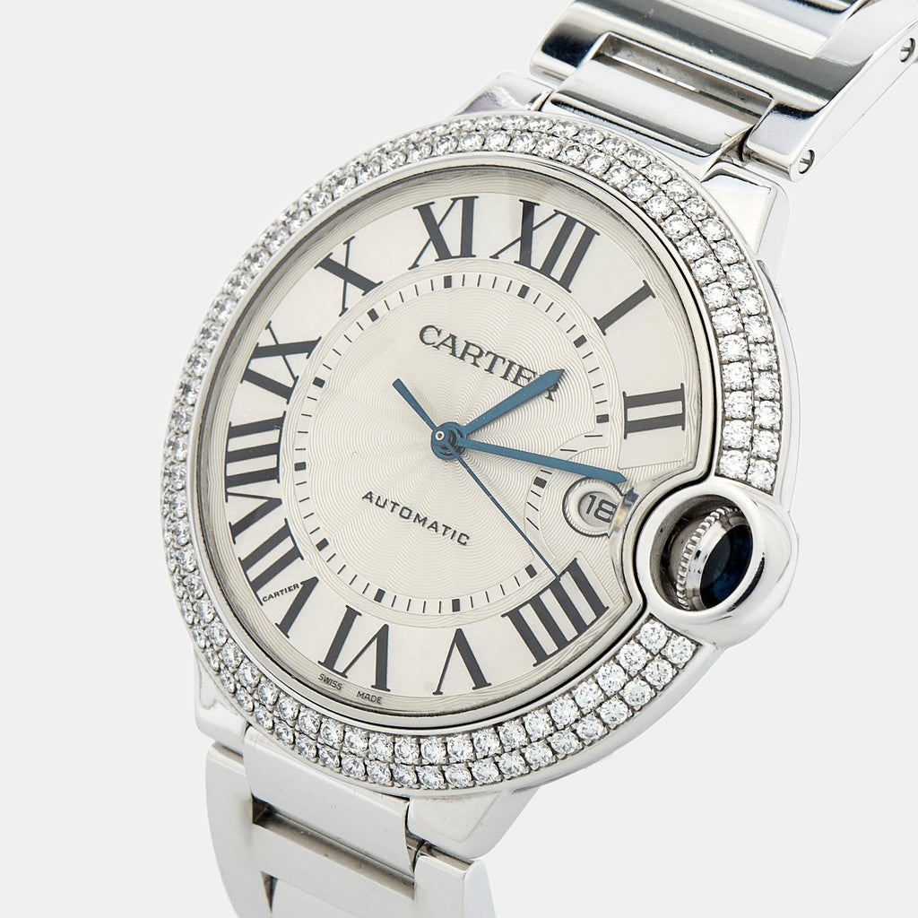 CARTIER Silver 18K White Gold Diamond Ballon Bleu WE9009Z3 Men's Wristwatch 42 mm