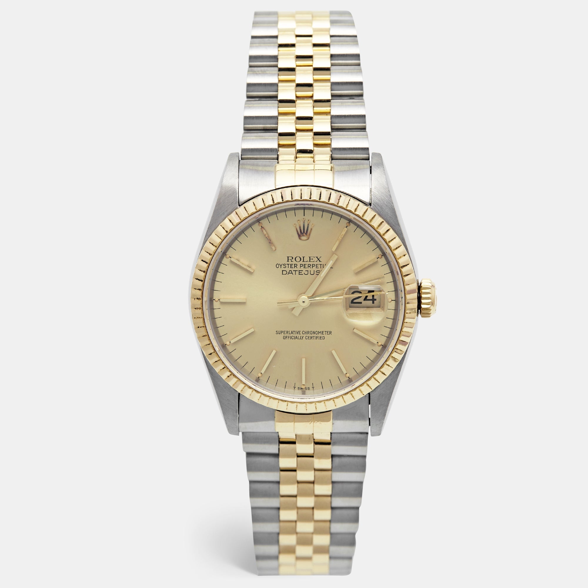 ROLEX Champagne 18k Yellow Gold Stainless Steel Datejust 16233 Men's Wristwatch 36 mm
