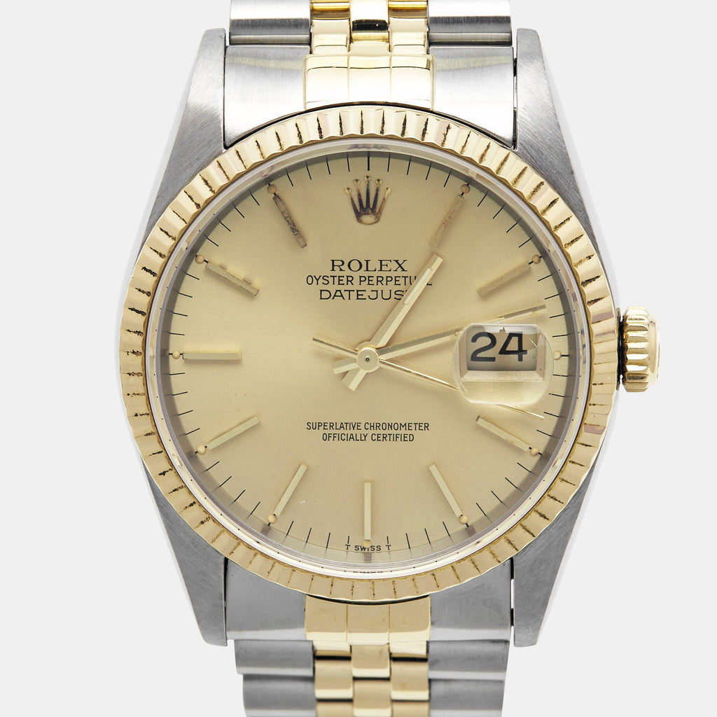 ROLEX Champagne 18k Yellow Gold Stainless Steel Datejust 16233 Men's Wristwatch 36 mm