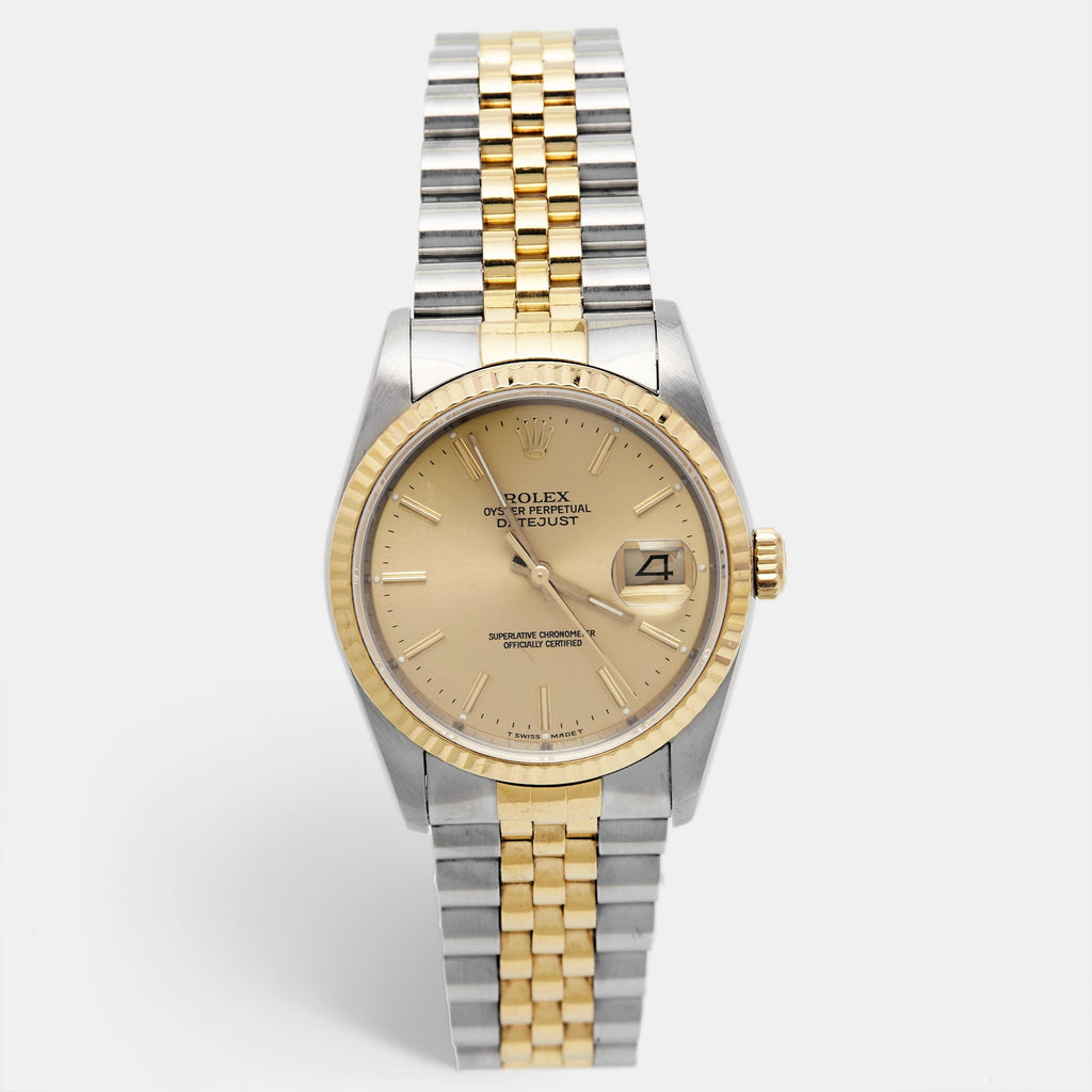 ROLEX Champagne 18k Yellow Gold Stainless Steel Datejust 16233 Men's Wristwatch 36 mm