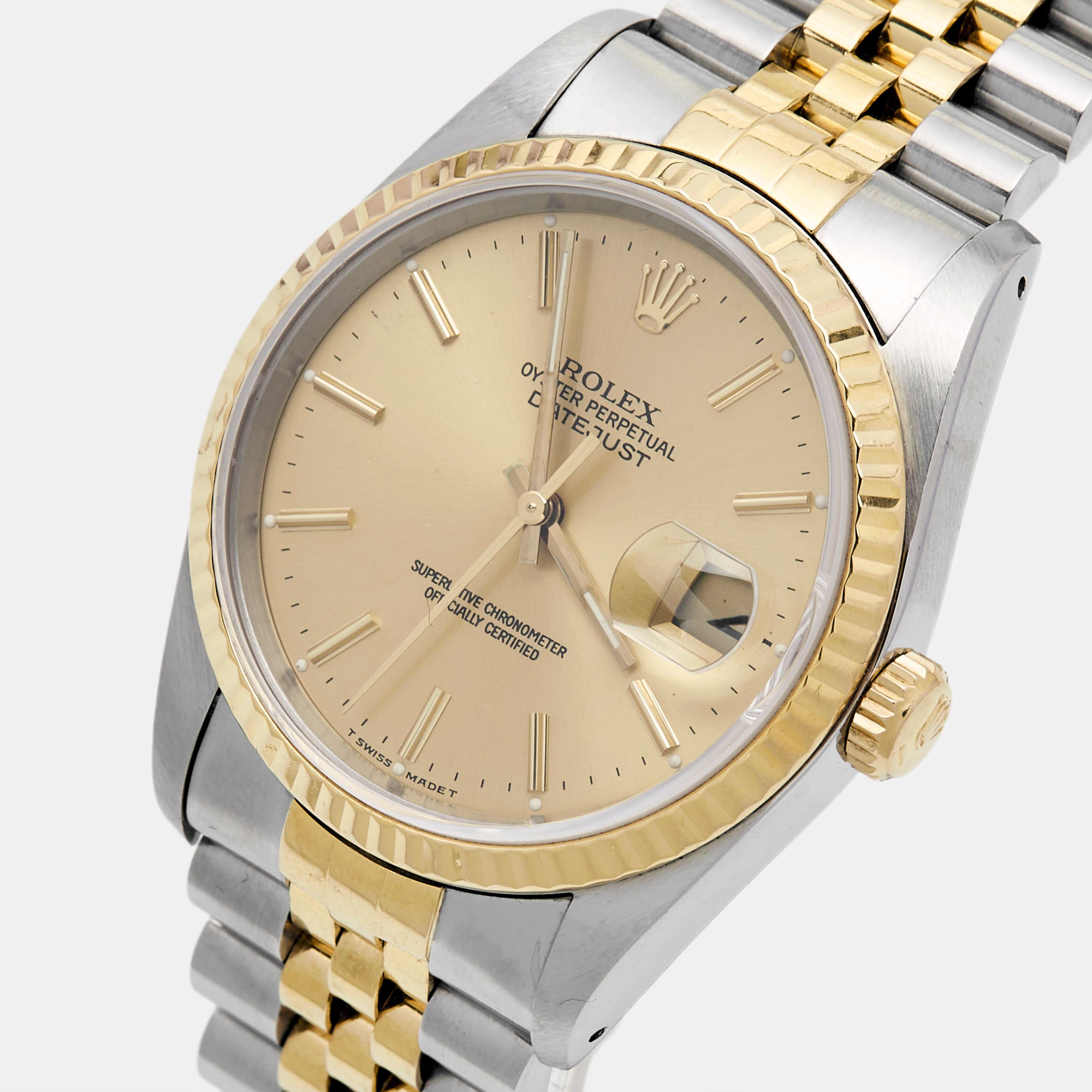 ROLEX Champagne 18k Yellow Gold Stainless Steel Datejust 16233 Men's Wristwatch 36 mm