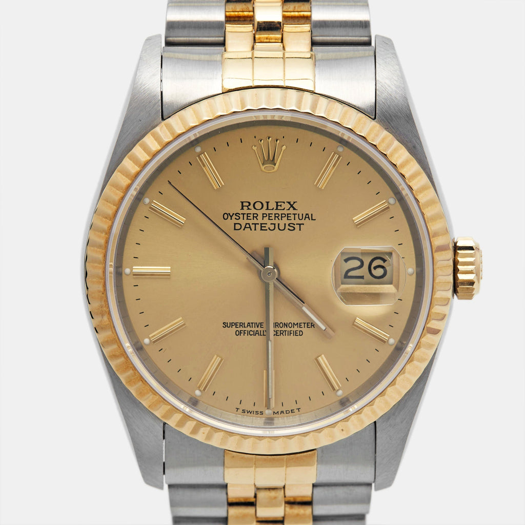 ROLEX Champagne 18k Yellow Gold Stainless Steel Datejust 16233 Men's Wristwatch 36 mm