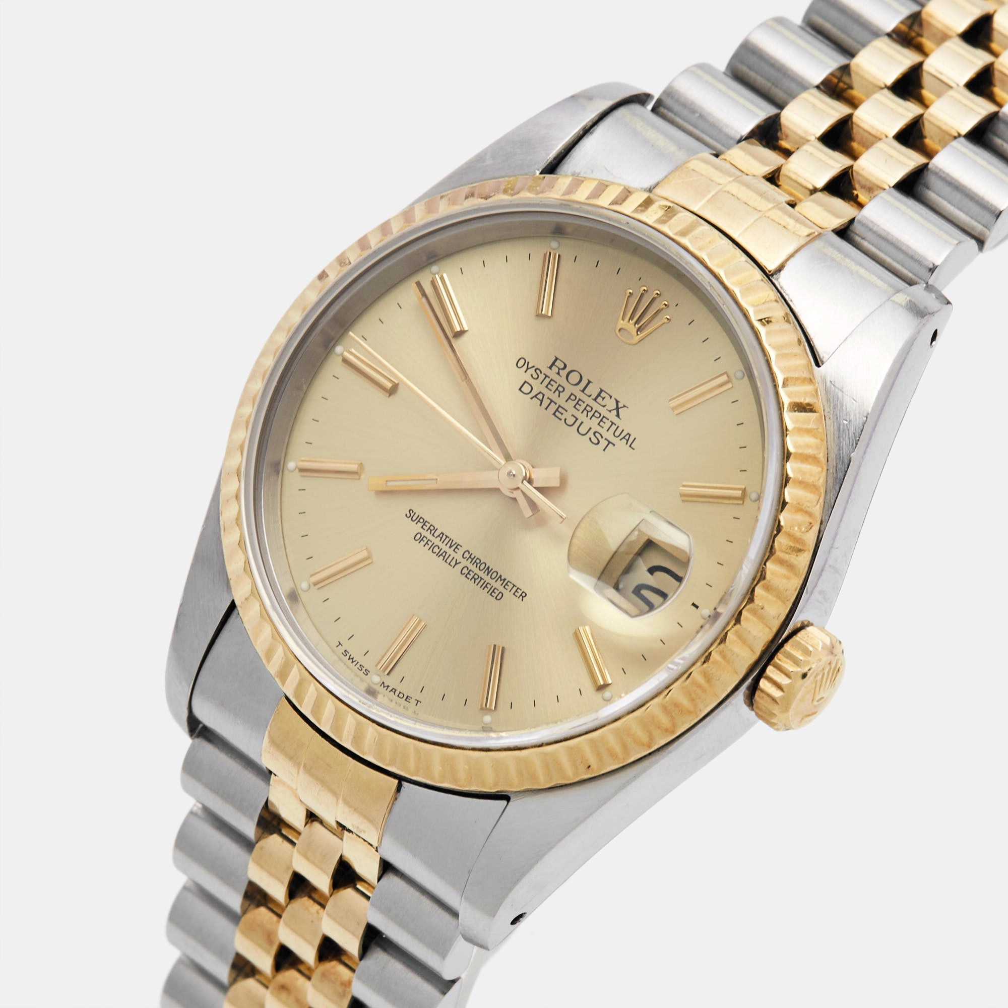 ROLEX Champagne 18k Yellow Gold Stainless Steel Datejust 16233 Men's Wristwatch 36 mm