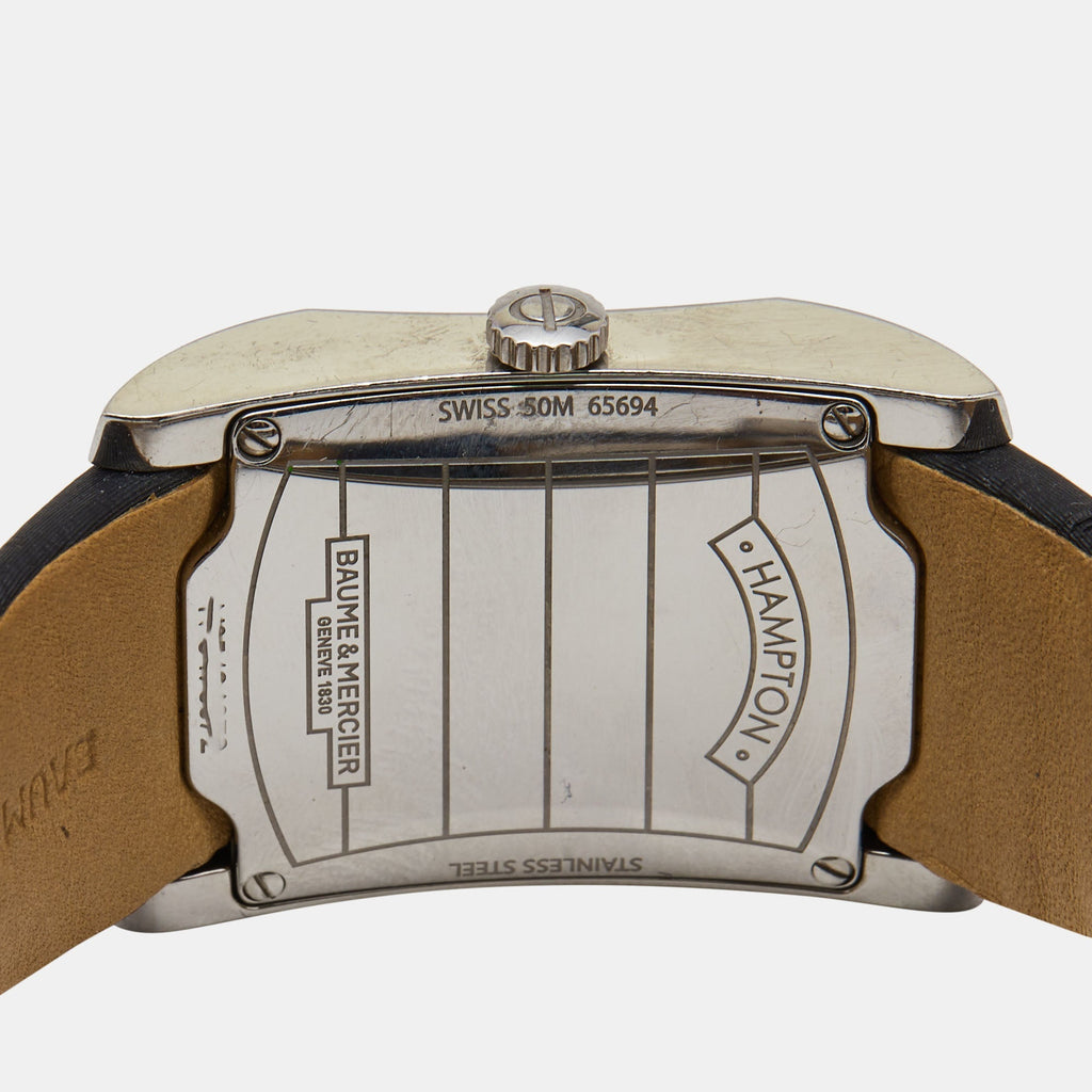 BAUME & MERCIER Grey Stainless Steel Leather Diamond Hampton 65694 Women's Wristwatch 27 mm