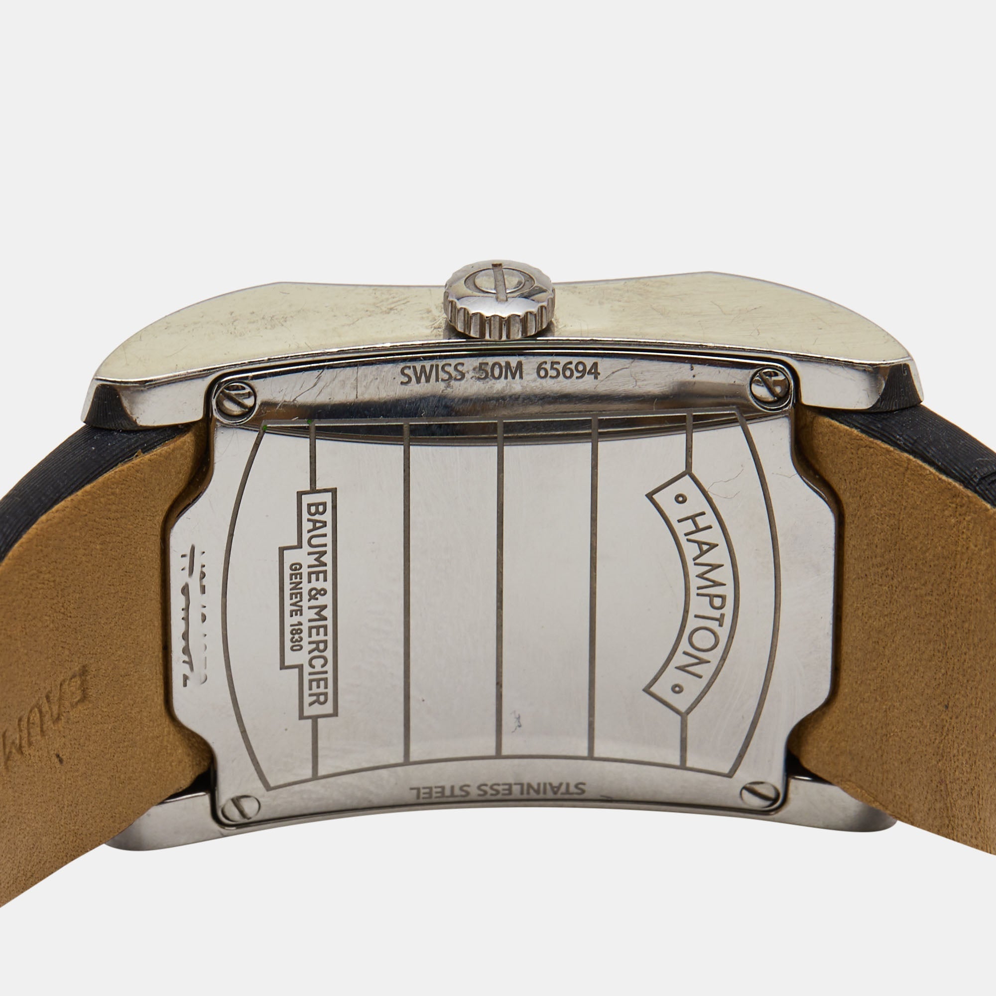 BAUME & MERCIER Grey Stainless Steel Leather Diamond Hampton 65694 Women's Wristwatch 27 mm
