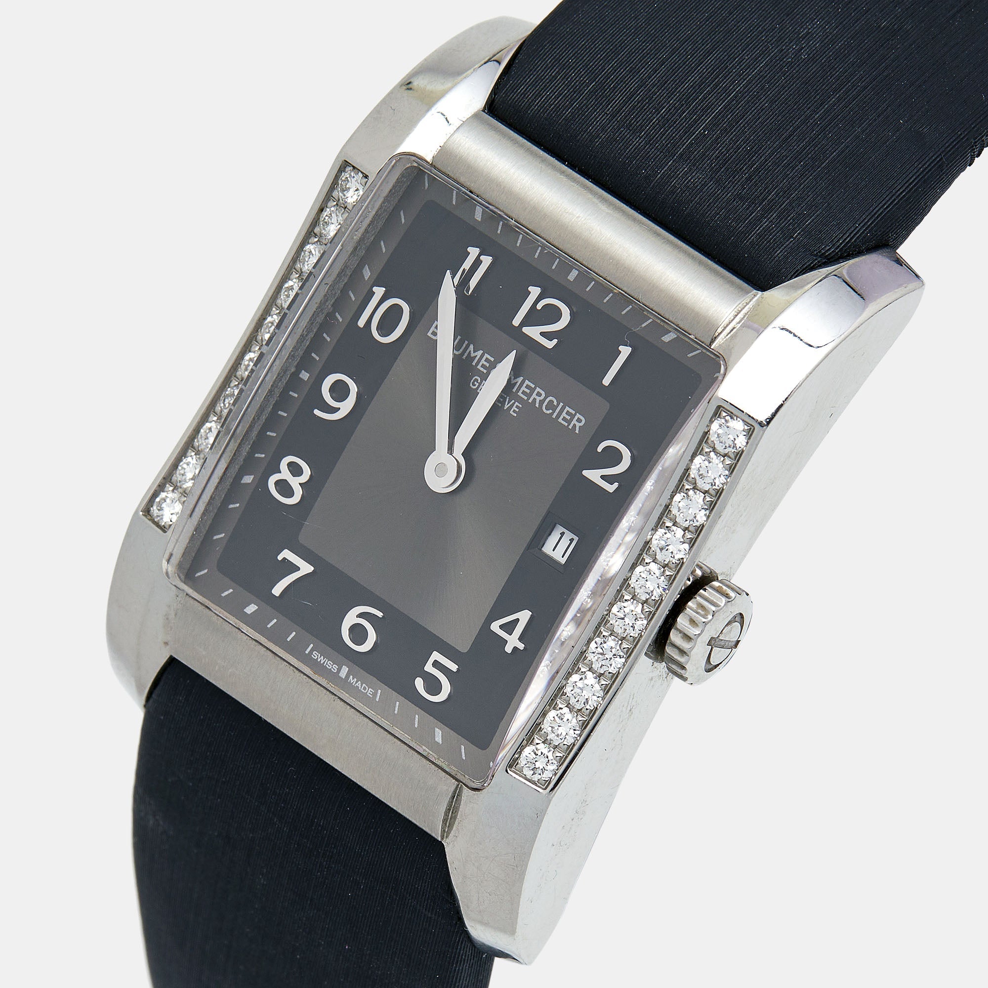 BAUME & MERCIER Grey Stainless Steel Leather Diamond Hampton 65694 Women's Wristwatch 27 mm