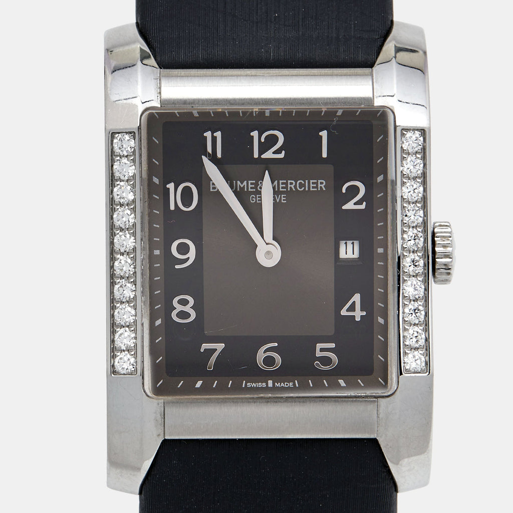 BAUME & MERCIER Grey Stainless Steel Leather Diamond Hampton 65694 Women's Wristwatch 27 mm