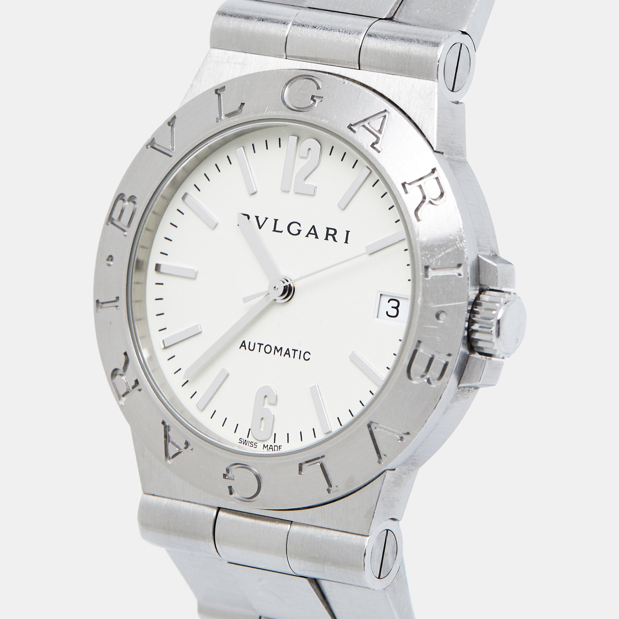 BVLGARI White Stainless Steel Diagono LCV35S Men's Wristwatch 35 mm