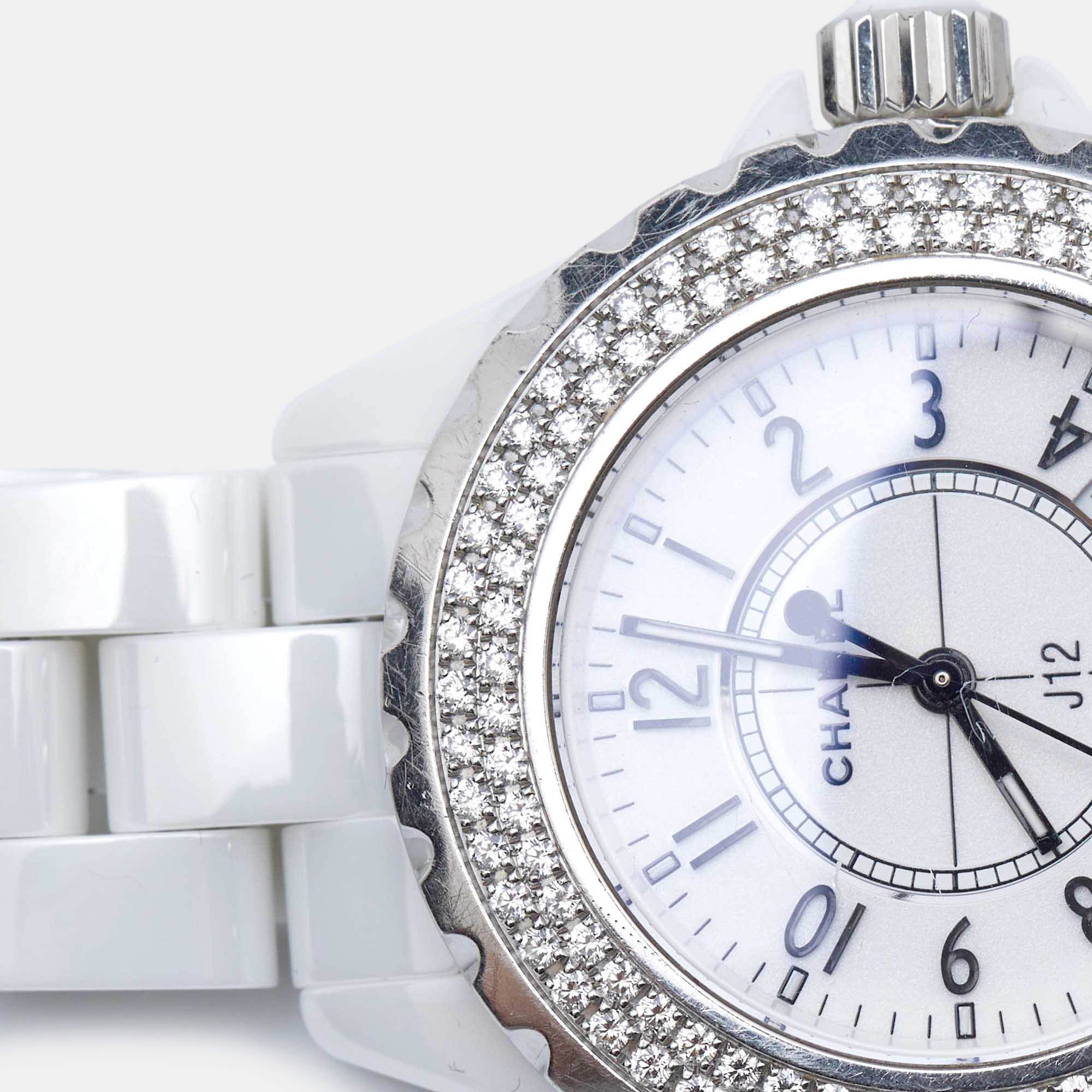 CHANEL White Ceramic Stainless Steel Diamond J12 H0967 Women's Wristwatch 33 mm