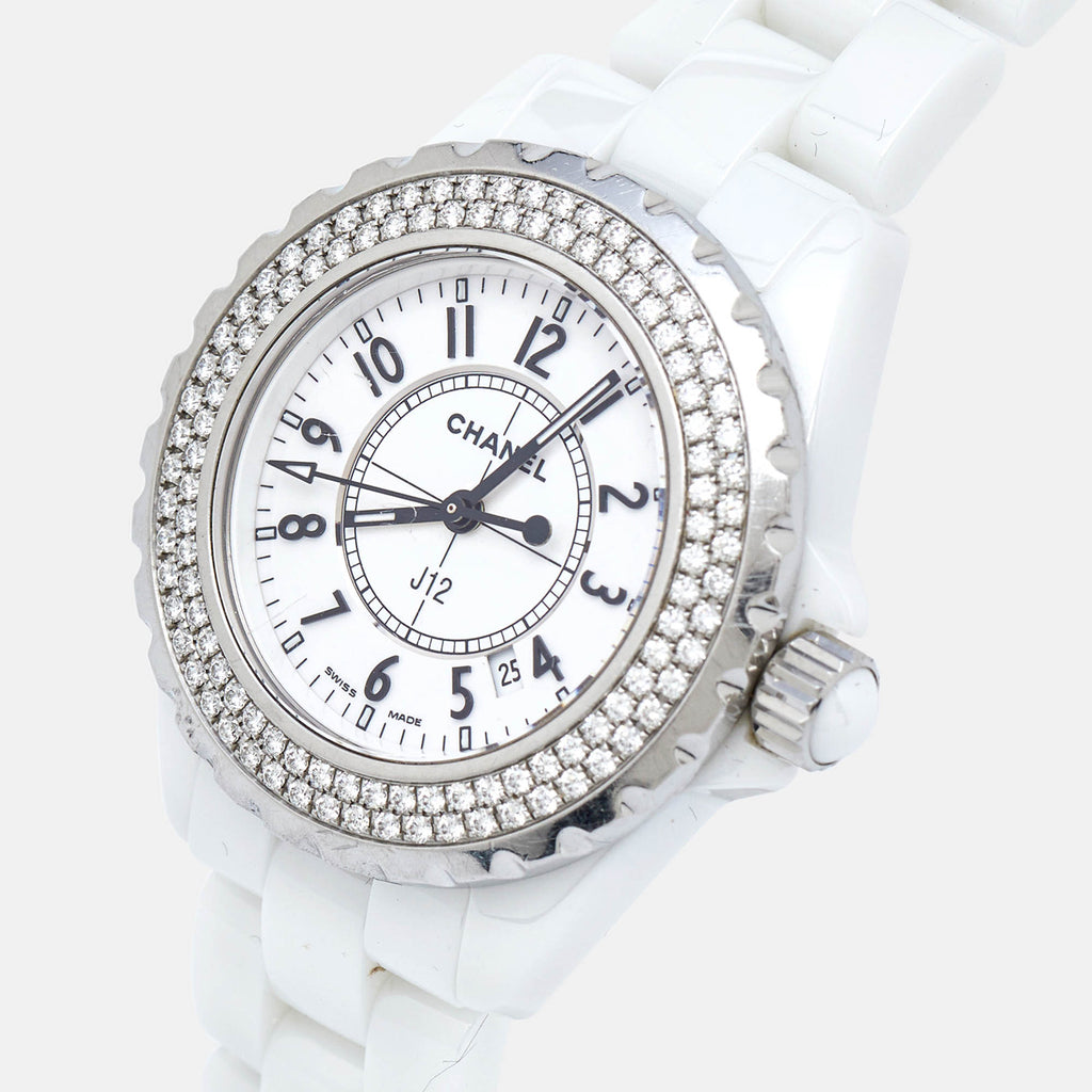 CHANEL White Ceramic Stainless Steel Diamond J12 H0967 Women's Wristwatch 33 mm