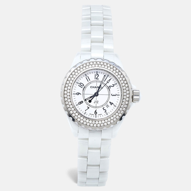 CHANEL White Ceramic Stainless Steel Diamond J12 H0967 Women's Wristwatch 33 mm
