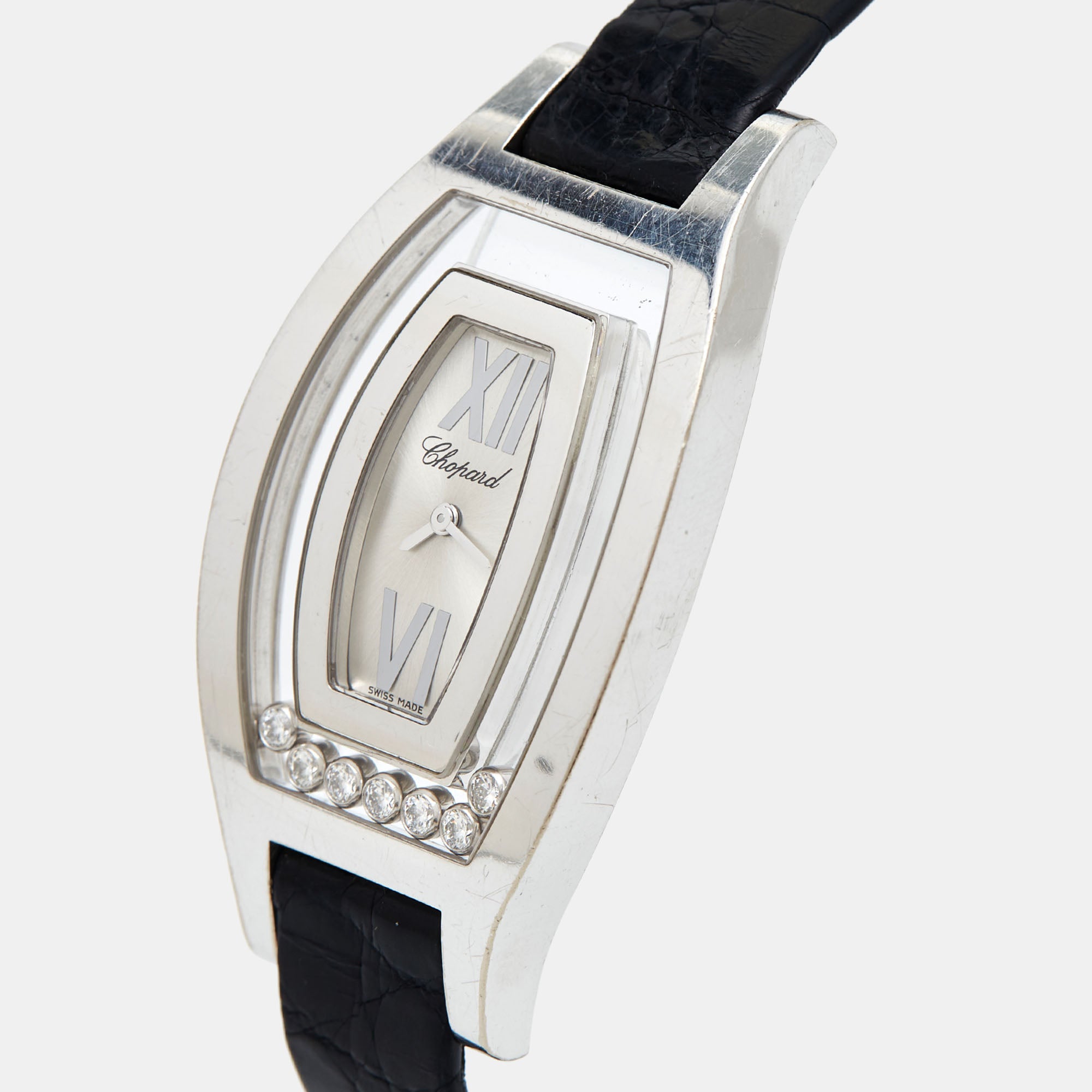 CHOPARD Silver 18k White Gold Diamond Leather Happy Diamonds 20/9028 Women's Wristwatch 28.5 mm