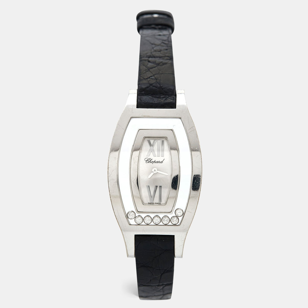 CHOPARD Silver 18k White Gold Diamond Leather Happy Diamonds 20/9028 Women's Wristwatch 28.5 mm