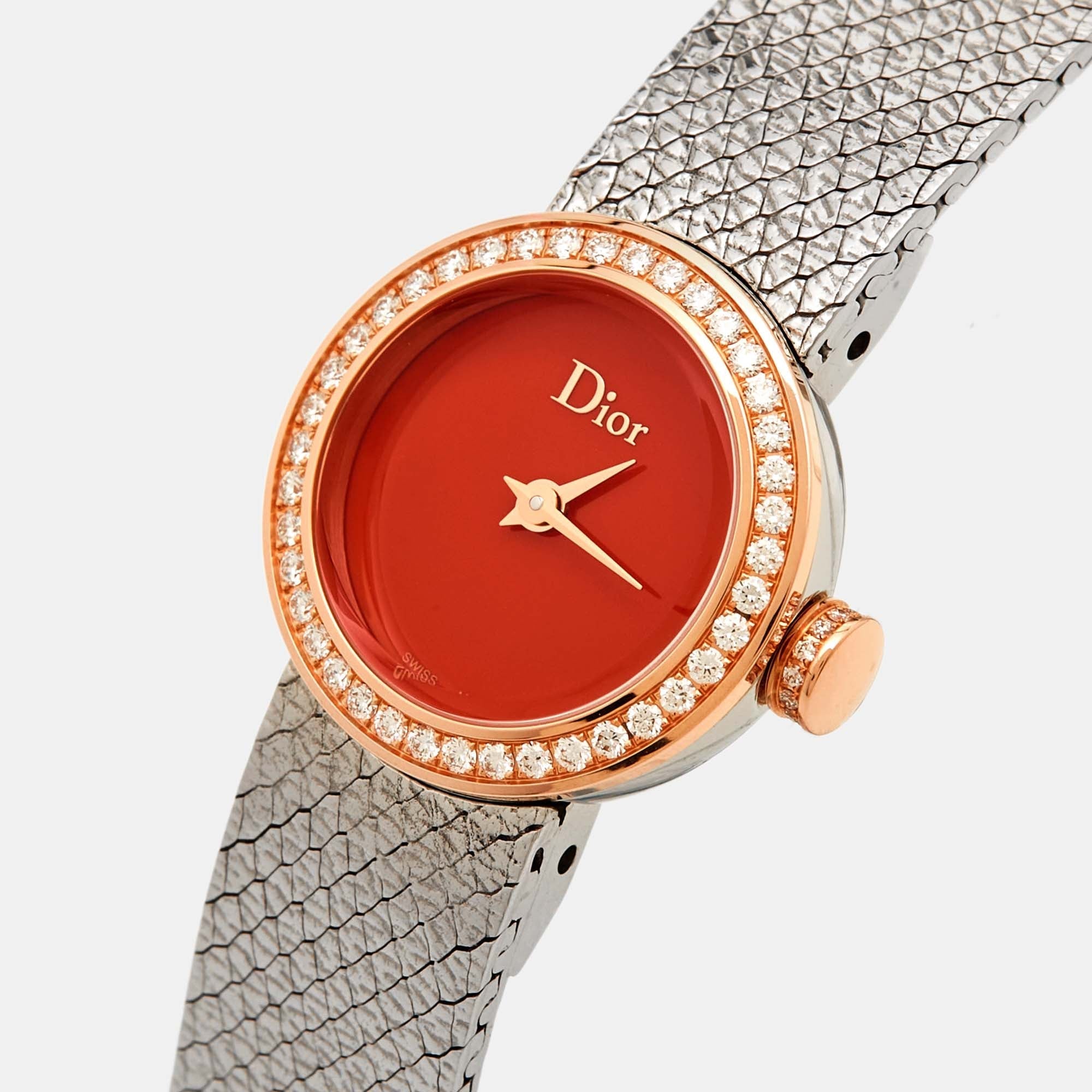 DIOR Red 18k Rose Gold Stainless Steel Diamonds La De  CD04012X1001 Women's Wristwatch 19 mm