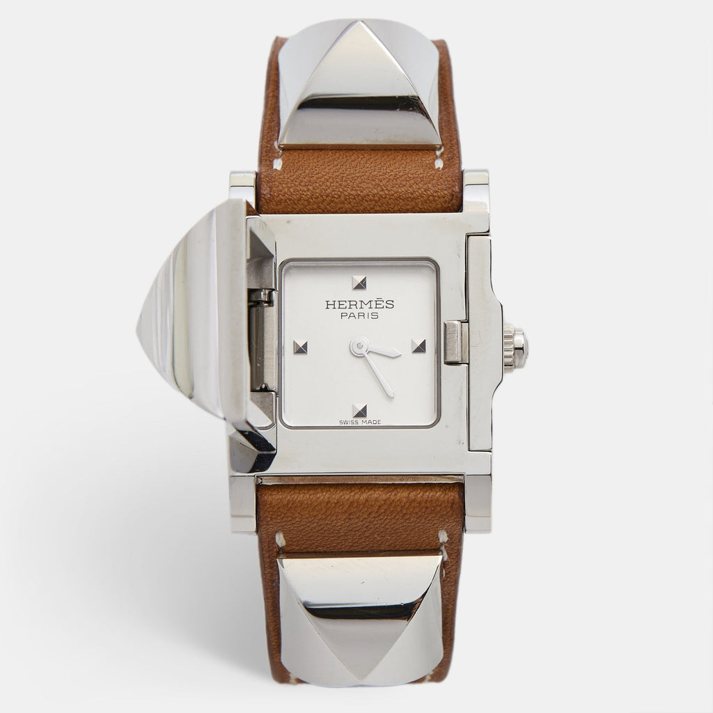 HERMES Silver Stainless Steel Leather Medor W028321WW00 Women's Wristwatch 23 mm
