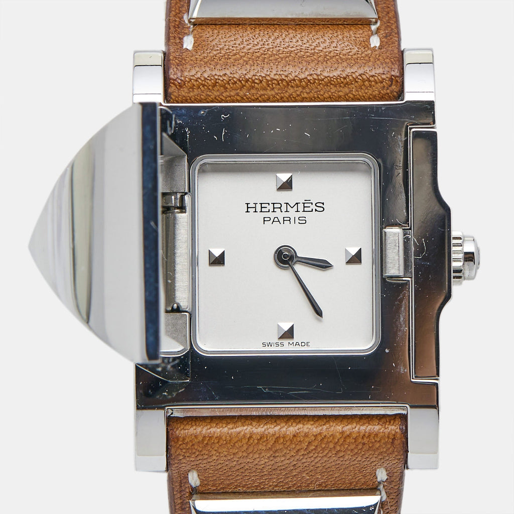 HERMES Silver Stainless Steel Leather Medor W028321WW00 Women's Wristwatch 23 mm