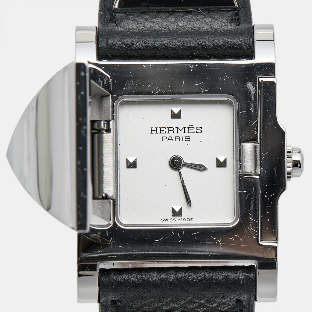 HERMES Silver Stainless Steel Leather Medor W028322WW00 Women's Wristwatch 23 mm