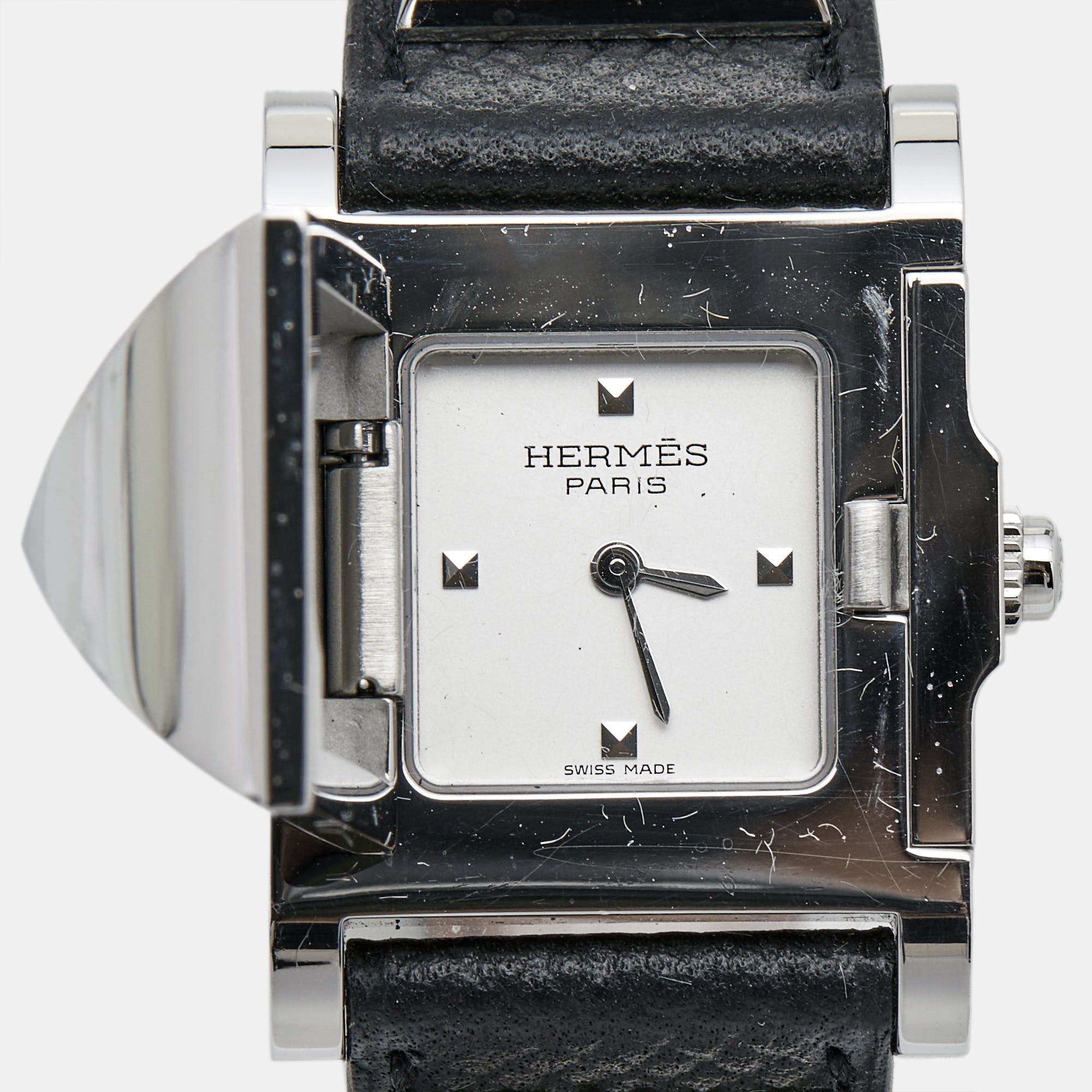 HERMES Silver Stainless Steel Leather Medor W028322WW00 Women's Wristwatch 23 mm