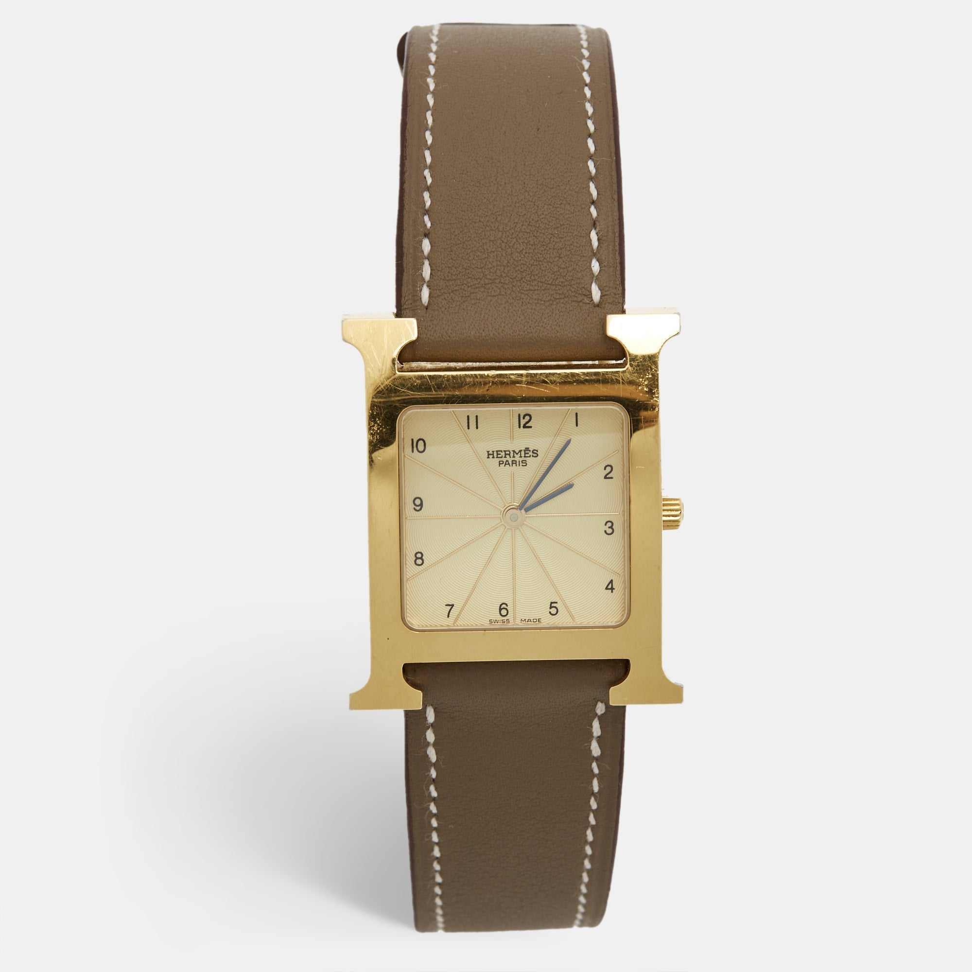 Hermes  Champagne Gold Plated Stainless Steel Leather Heure H HH1.501 Women's Wristwatch 26 mm