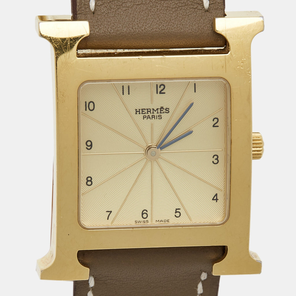 Hermes  Champagne Gold Plated Stainless Steel Leather Heure H HH1.501 Women's Wristwatch 26 mm