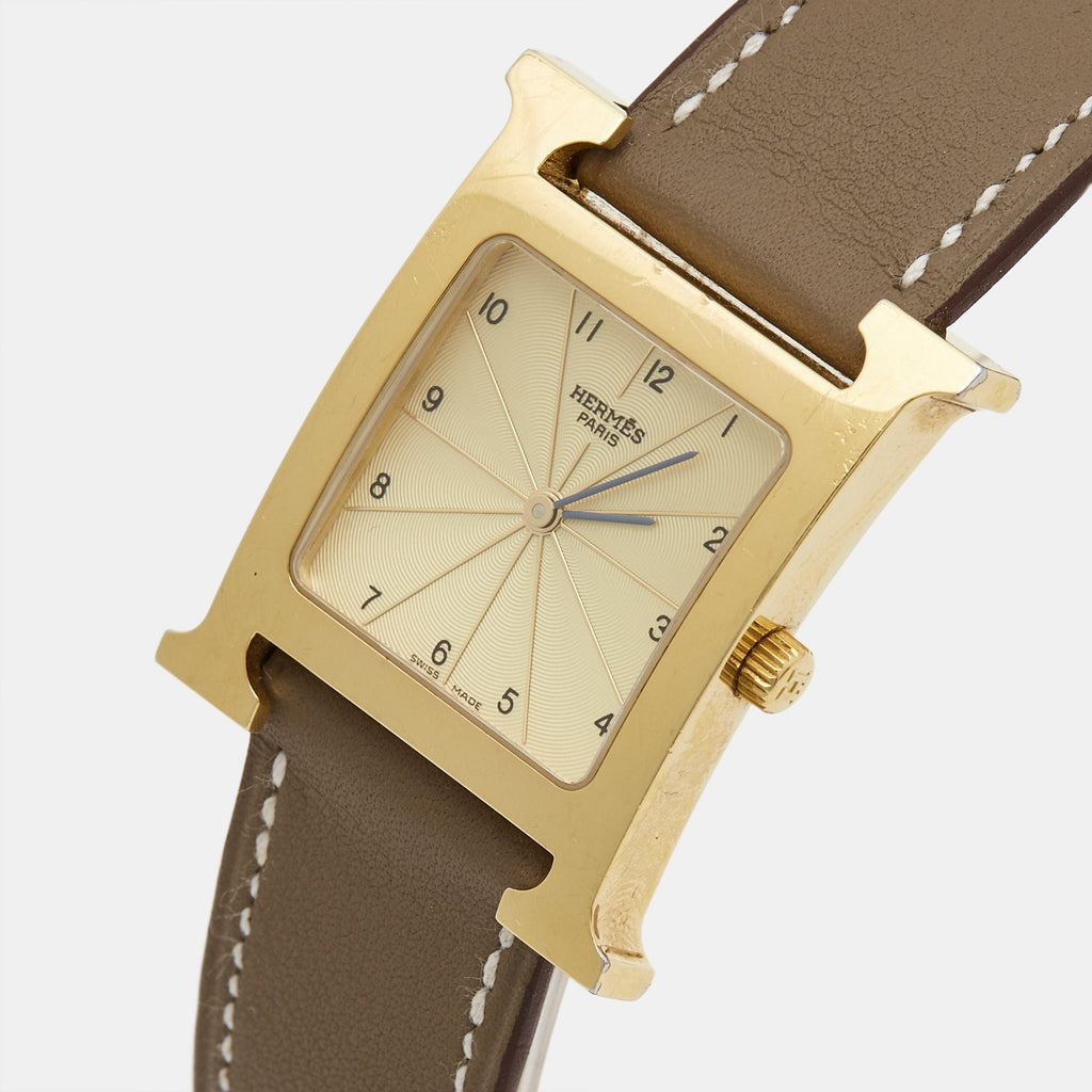 Hermes  Champagne Gold Plated Stainless Steel Leather Heure H HH1.501 Women's Wristwatch 26 mm