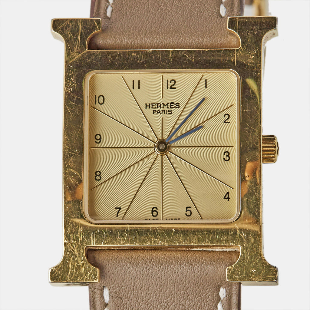 Hermes  Champagne Gold Plated Stainless Steel Leather Heure H HH1.501 Women's Wristwatch 26 mm