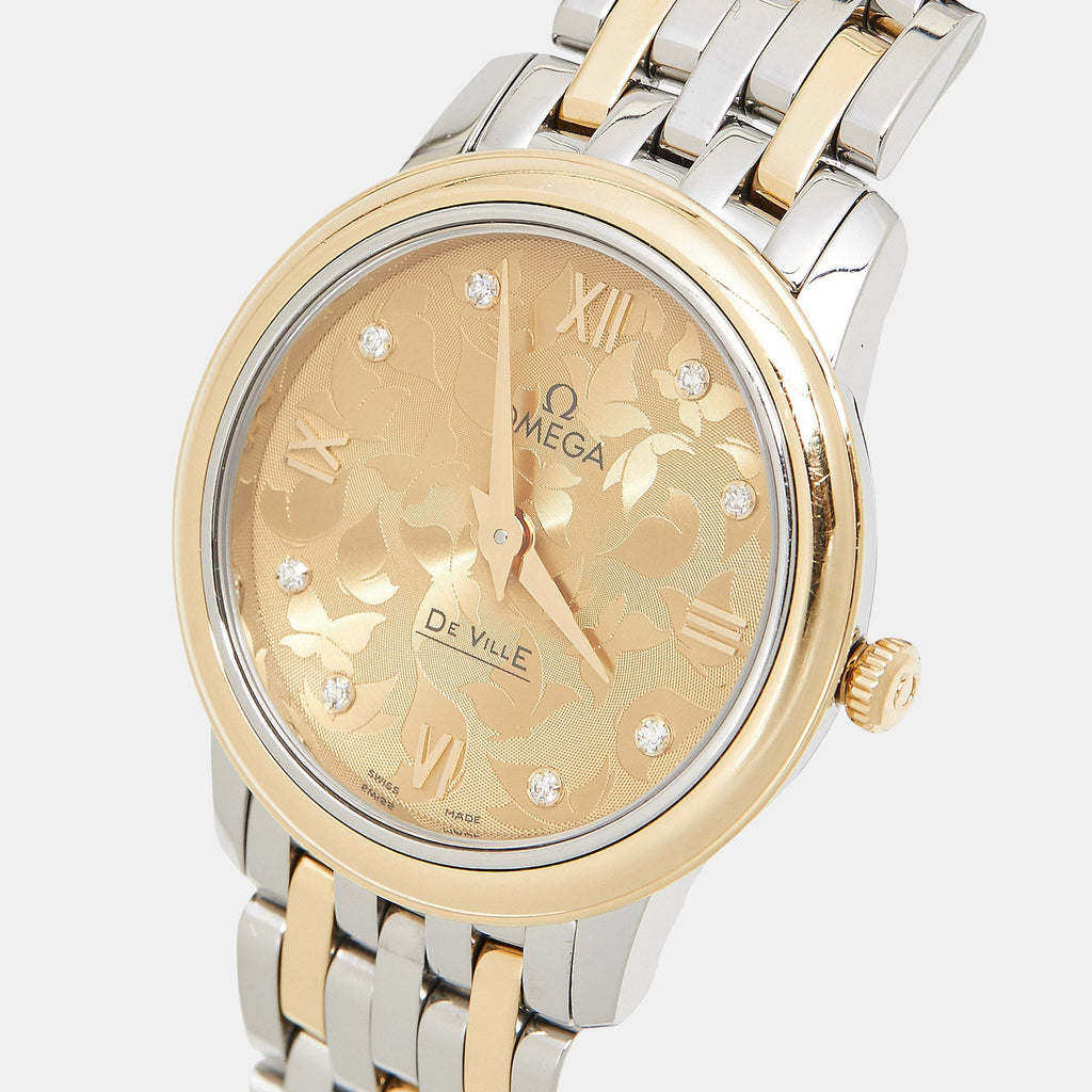 OMEGA Champagne Diamond 18K Yellow Gold Stainless Steel De Ville Prestige 424.20.27.60.58.002 Women's Wristwatch 27.40 mm