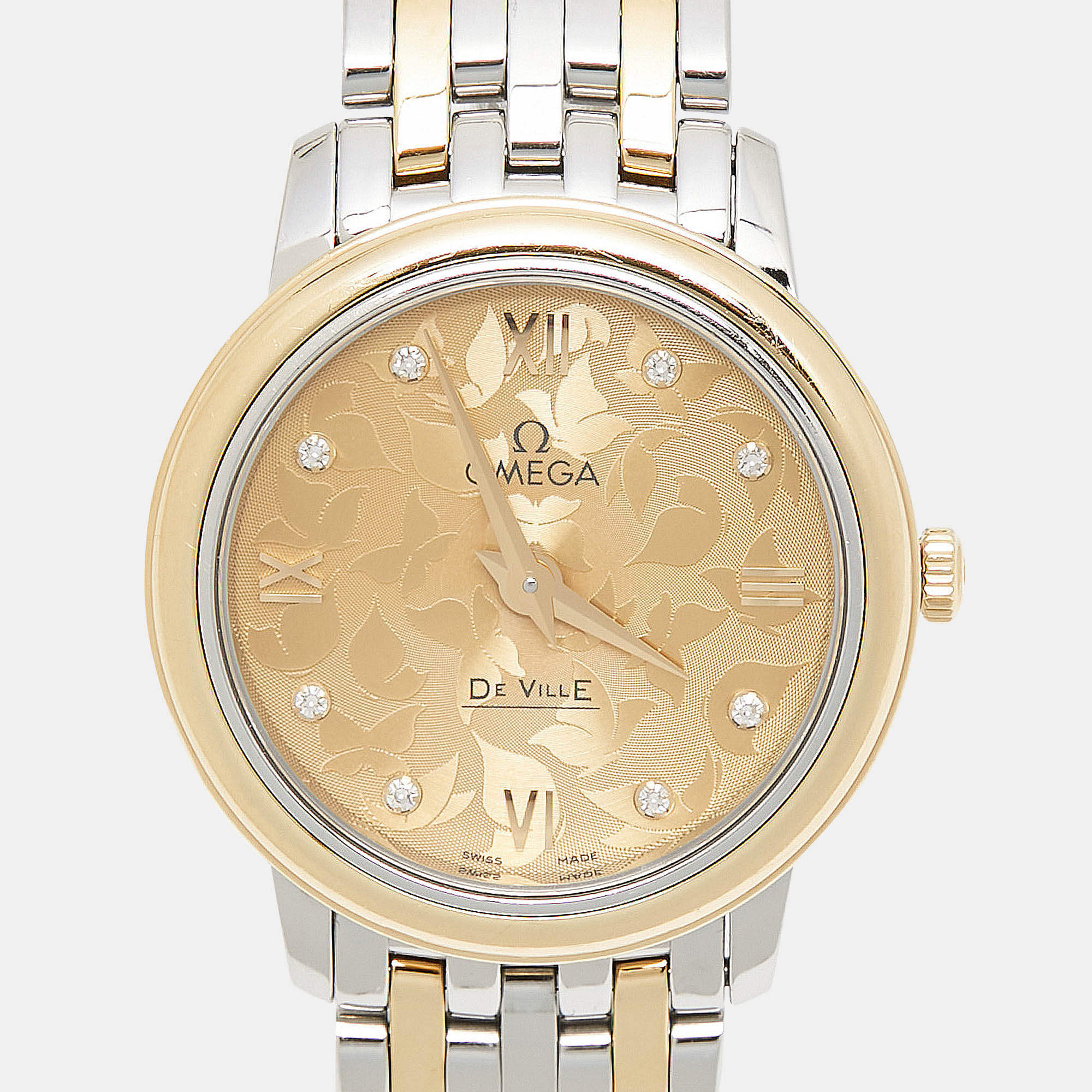 OMEGA Champagne Diamond 18K Yellow Gold Stainless Steel De Ville Prestige 424.20.27.60.58.002 Women's Wristwatch 27.40 mm