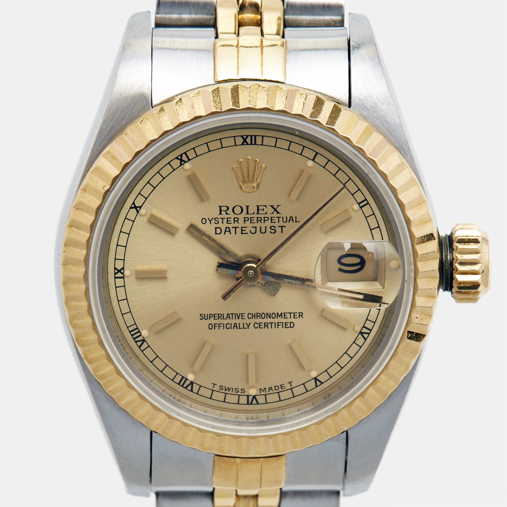 ROLEX Champagne 18k Yellow Gold Stainless Steel Datejust 69173 Women's Wristwatch 26 mm