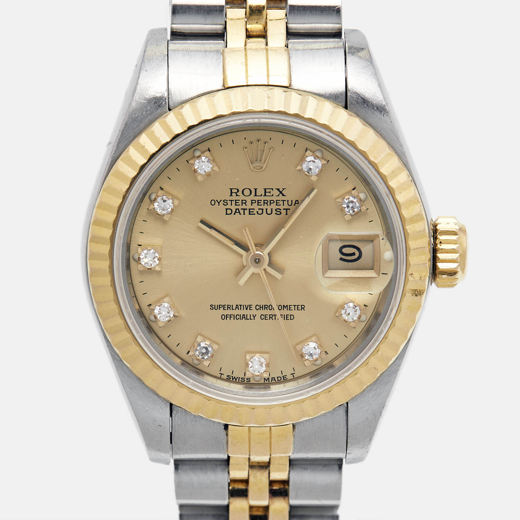 ROLEX Champagne Diamonds 18K Yellow Gold Stainless Steel Datejust 69173 Women's Wristwatch 26 mm