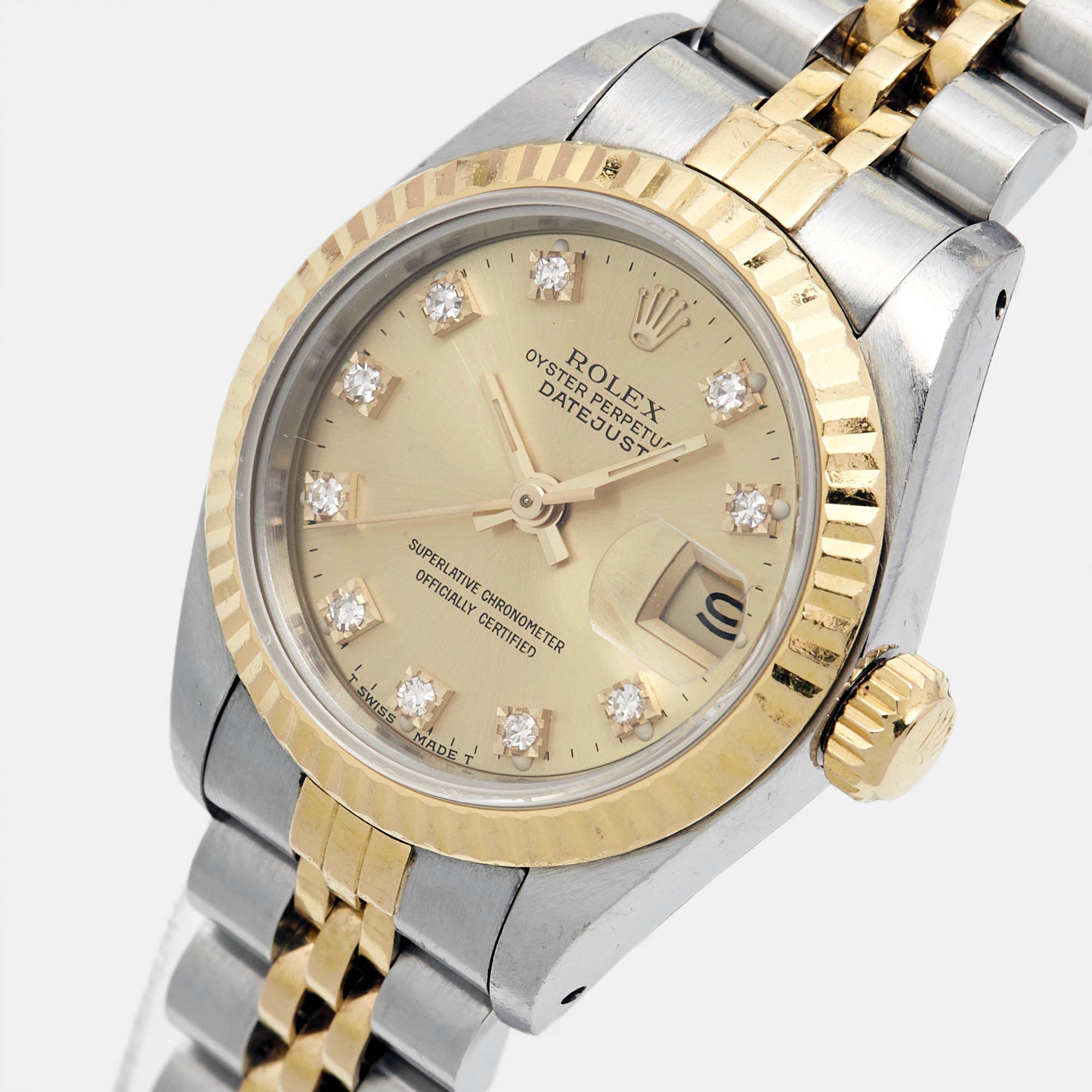 ROLEX Champagne Diamonds 18K Yellow Gold Stainless Steel Datejust 69173 Women's Wristwatch 26 mm