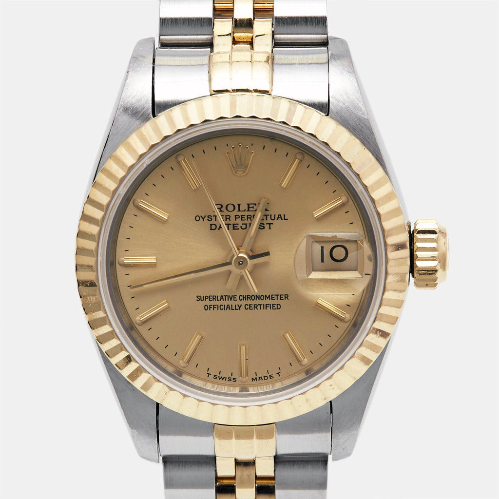 ROLEX Champagne 18k Yellow Gold Stainless Steel Datejust 69173 Women's Wristwatch 26 mm