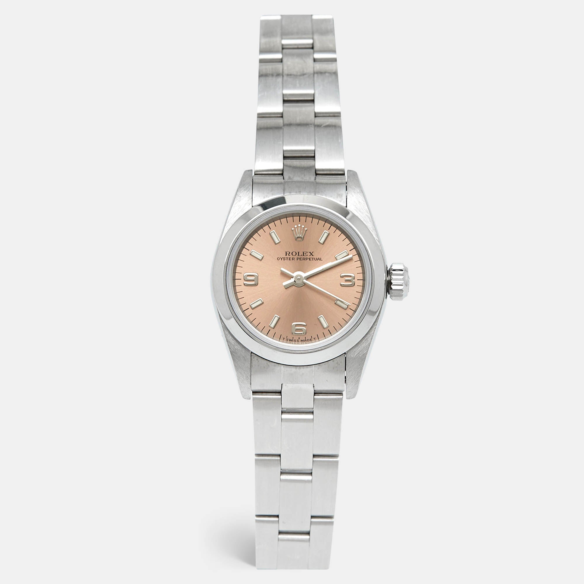 ROLEX Salmon Stainless Steel Oyster Perpetual 67180 Automatic Women's Wristwatch 25 mm
