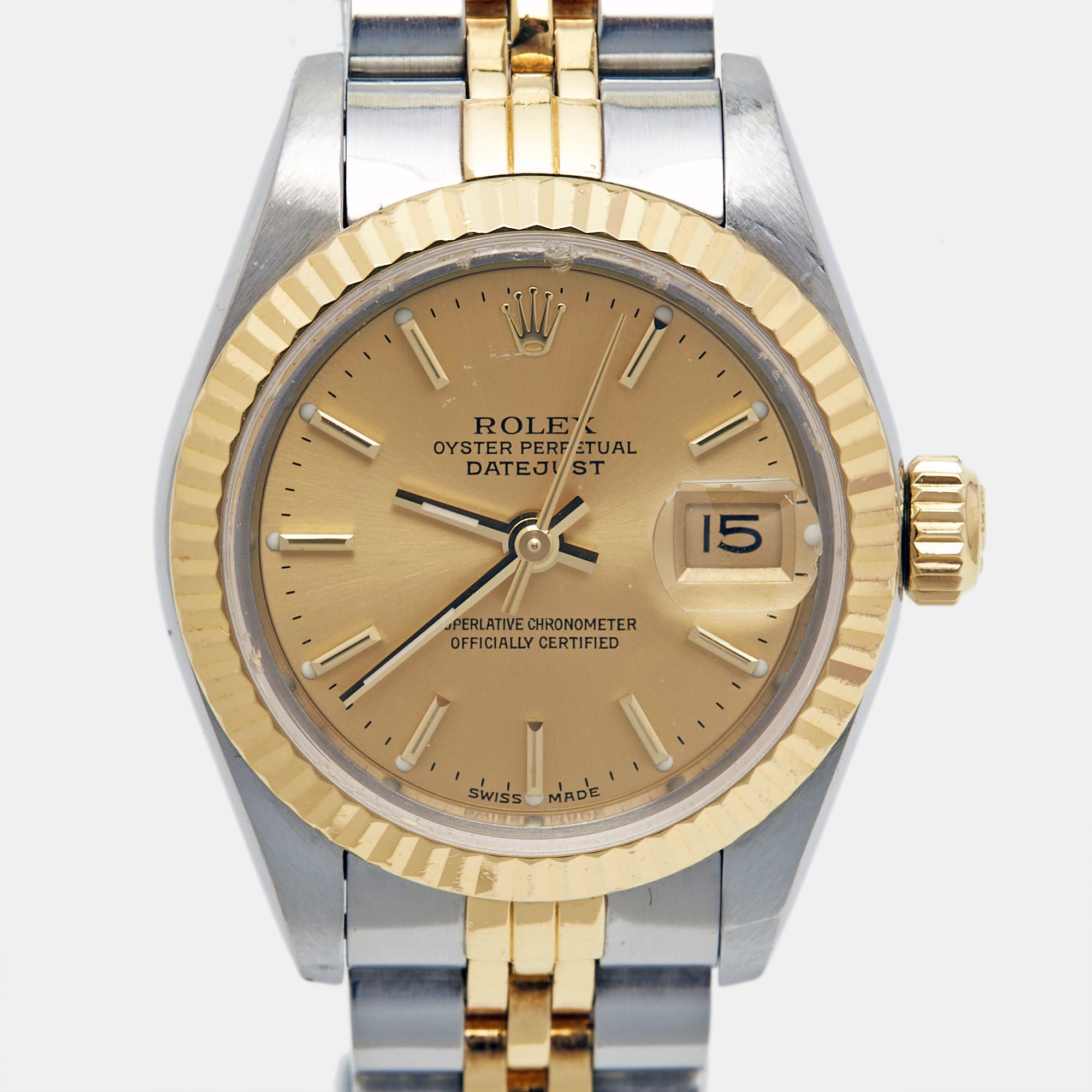ROLEX Champagne 18k Yellow Gold Stainless Steel Datejust 69173 Women's Wristwatch 26 mm