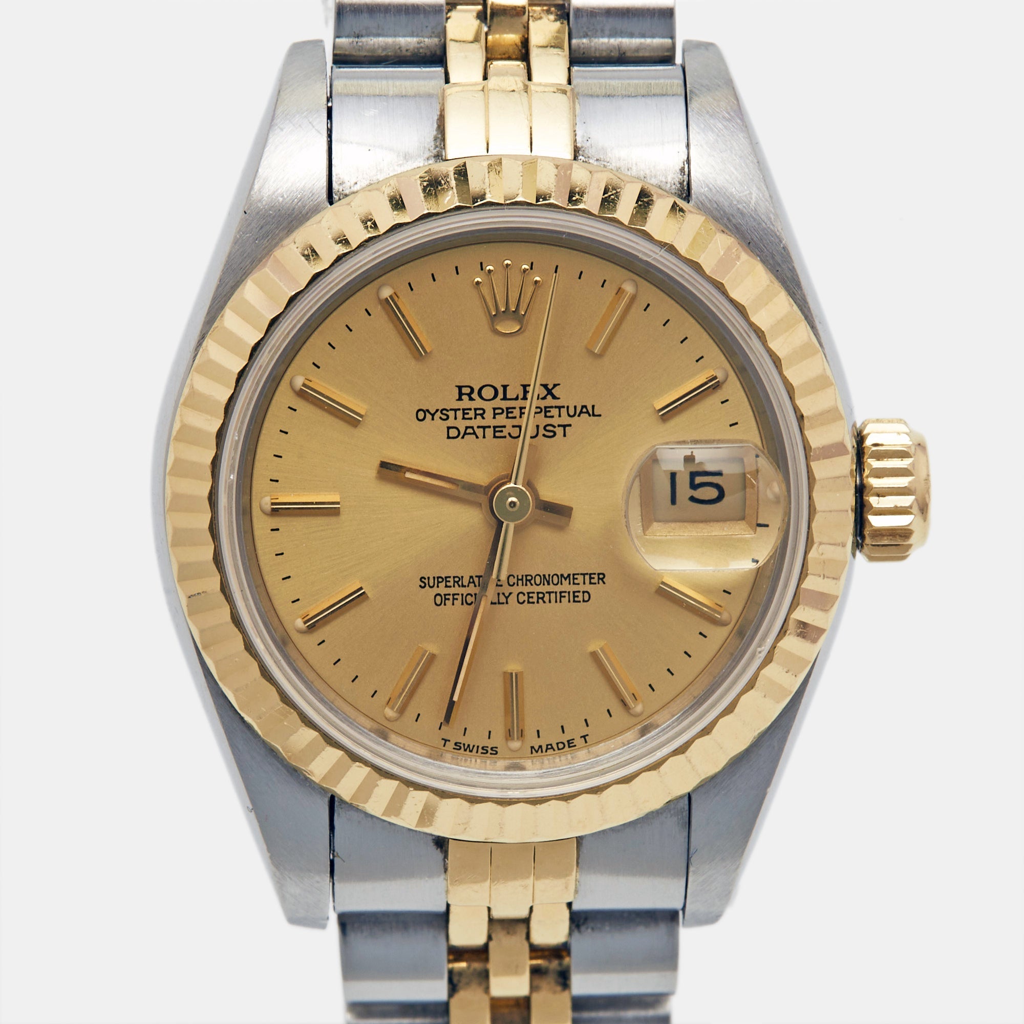 ROLEX Champagne 18k Yellow Gold Stainless Steel Datejust 69173 Women's Wristwatch 26 mm