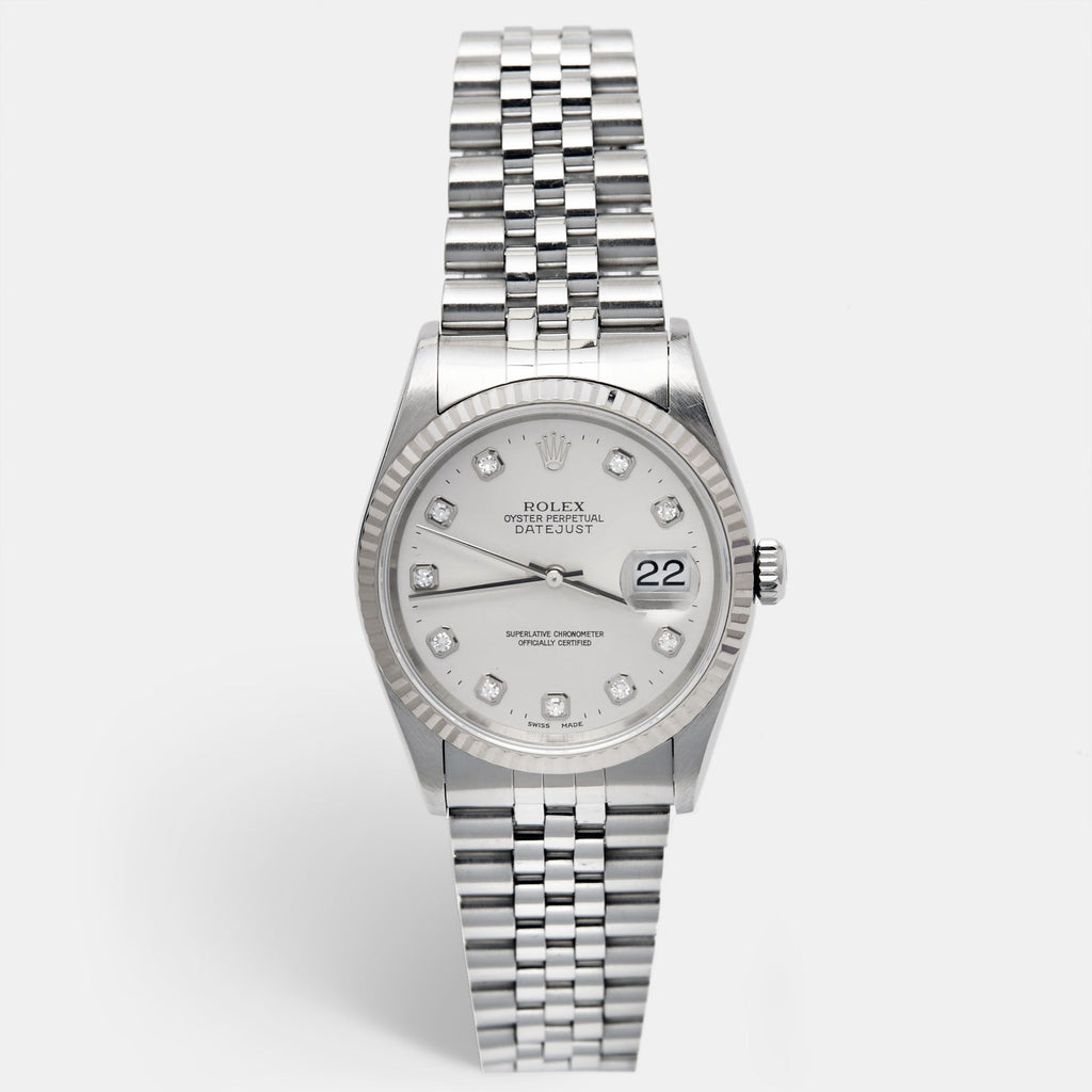 ROLEX Silver Diamond 18K White Gold Stainless Steel Datejust 16234 Unisex Wristwatch 36 mm
