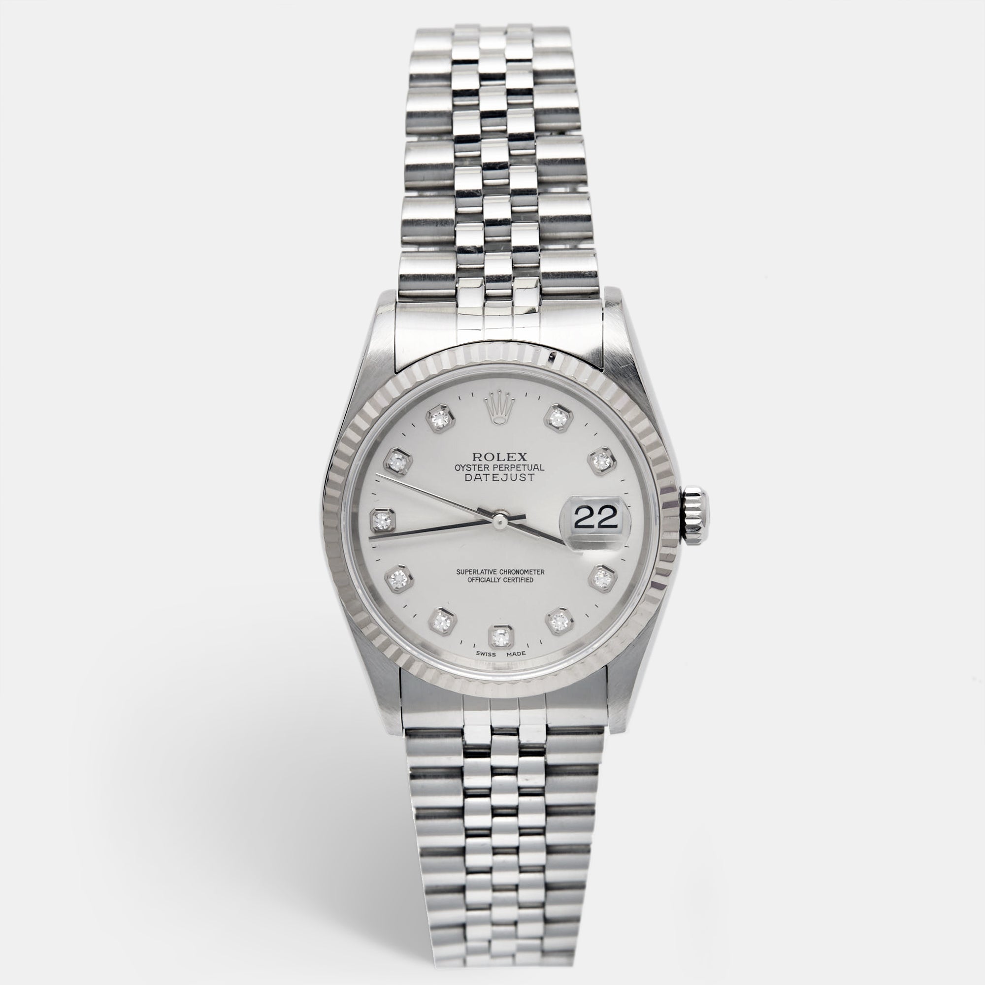 ROLEX Silver Diamond 18K White Gold Stainless Steel Datejust 16234 Unisex Wristwatch 36 mm