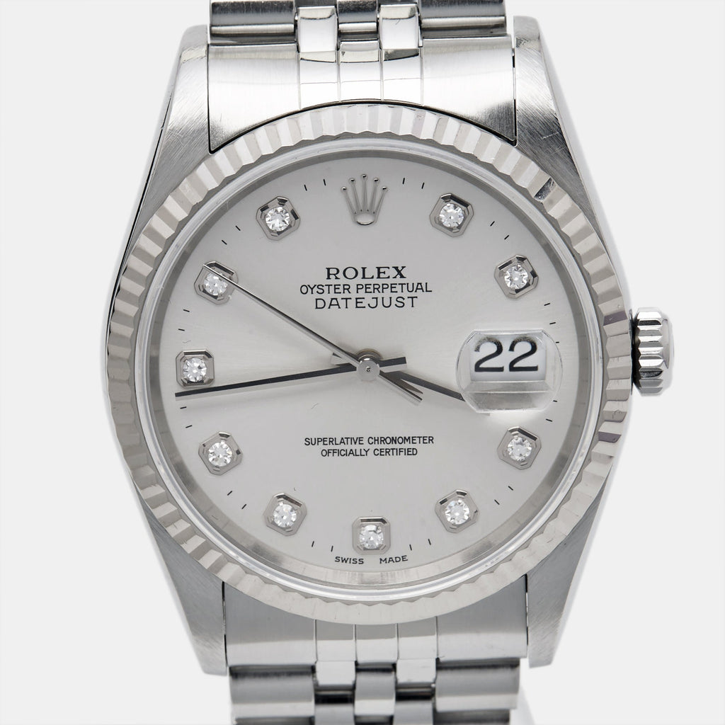 ROLEX Silver Diamond 18K White Gold Stainless Steel Datejust 16234 Unisex Wristwatch 36 mm