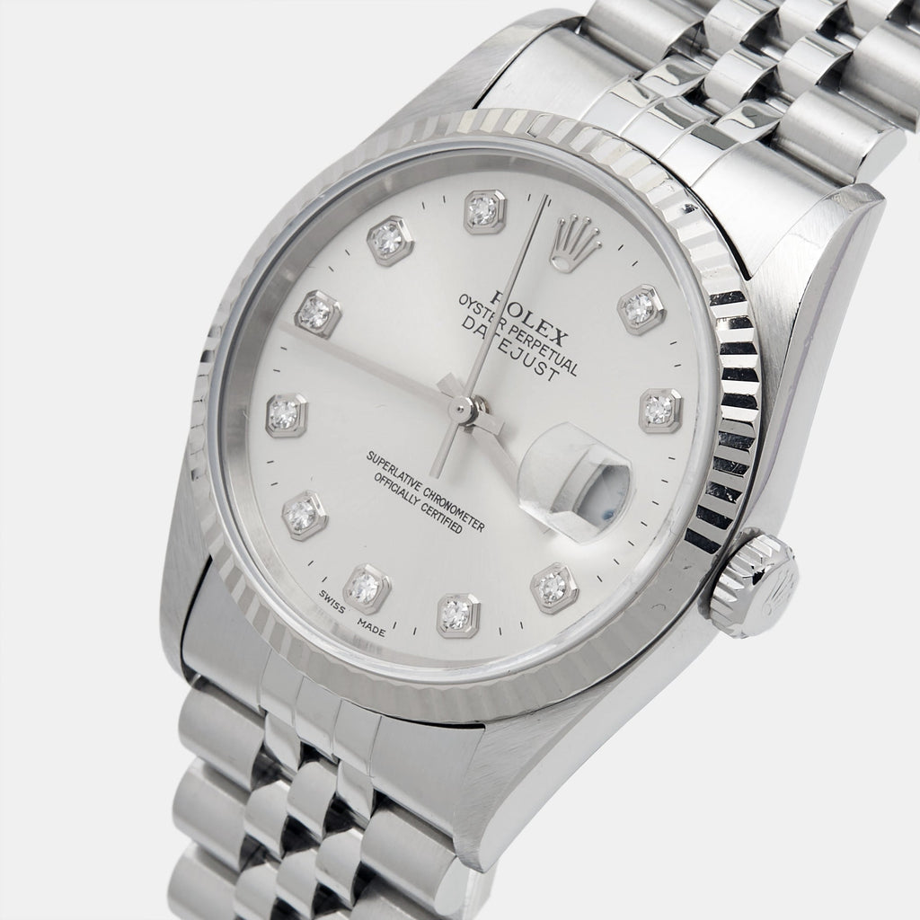 ROLEX Silver Diamond 18K White Gold Stainless Steel Datejust 16234 Unisex Wristwatch 36 mm