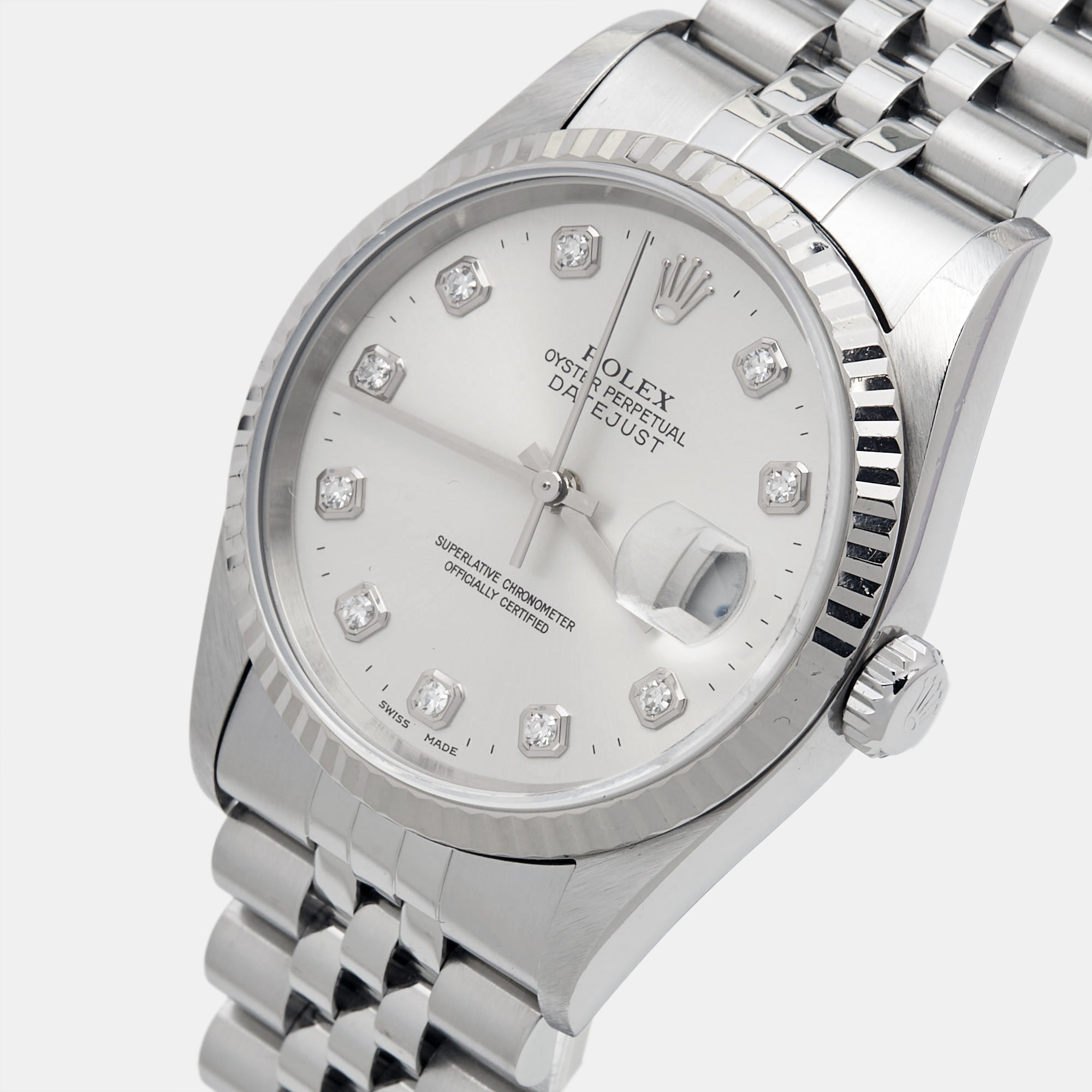 ROLEX Silver Diamond 18K White Gold Stainless Steel Datejust 16234 Unisex Wristwatch 36 mm