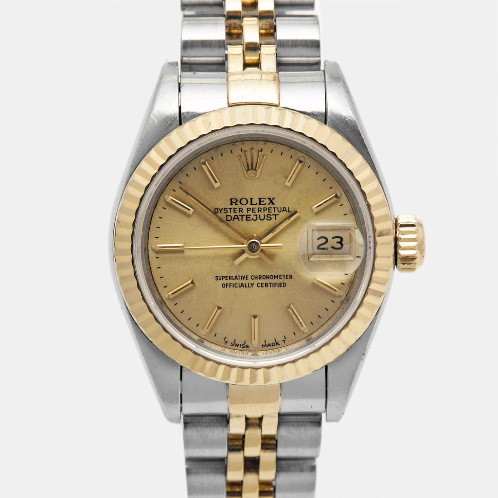 ROLEX Champagne 18k Yellow Gold Stainless Steel Datejust 69173 Women's Wristwatch 26 mm