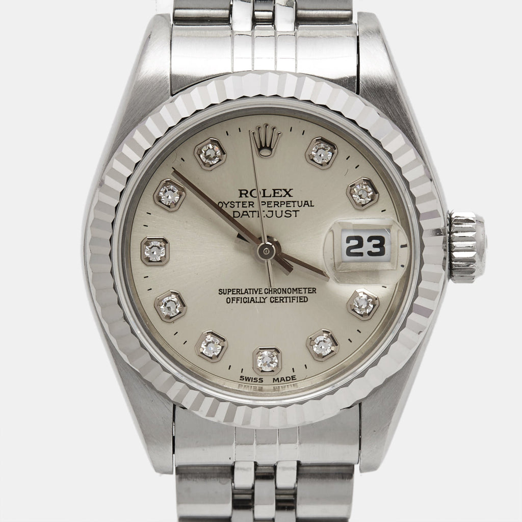 ROLEX Silver Diamond 18k White Gold Stainless Steel Datejust 69174 Women's Wristwatch 26 mm