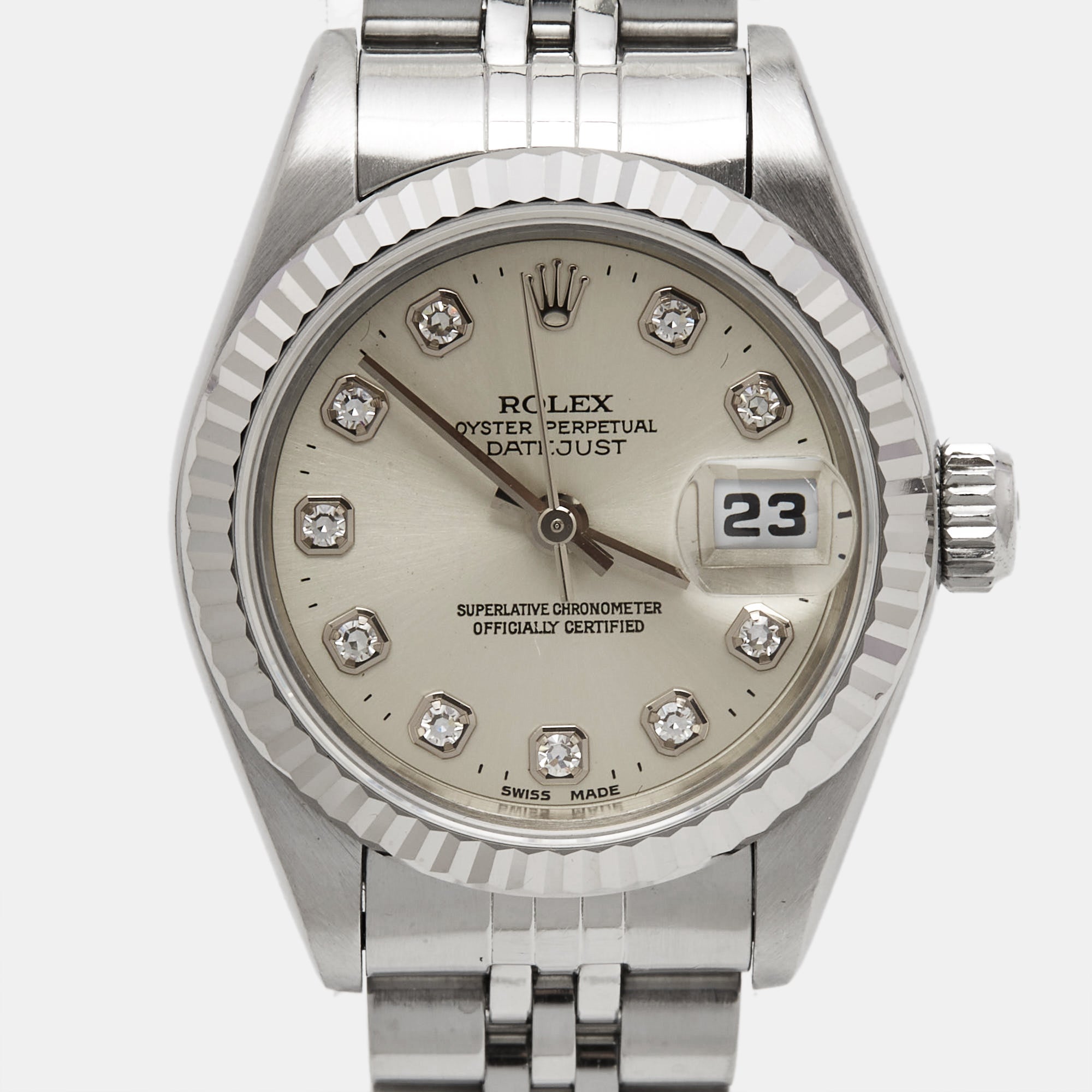 ROLEX Silver Diamond 18k White Gold Stainless Steel Datejust 69174 Women's Wristwatch 26 mm