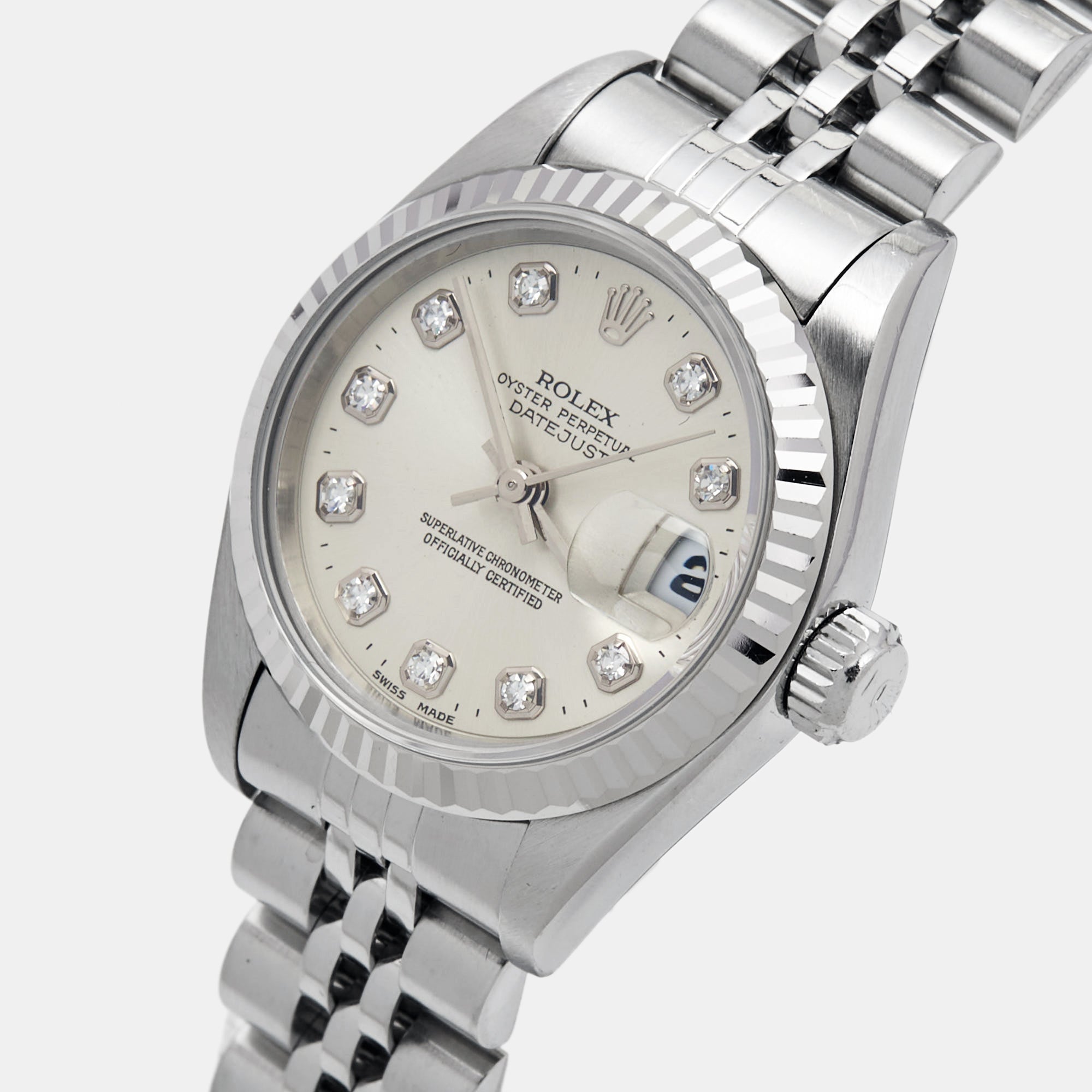 ROLEX Silver Diamond 18k White Gold Stainless Steel Datejust 69174 Women's Wristwatch 26 mm