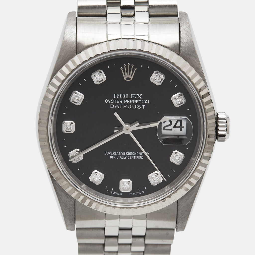 ROLEX Black 18K White Gold Stainless Steel Diamond Datejust 16234 Unisex Wristwatch 36 mm